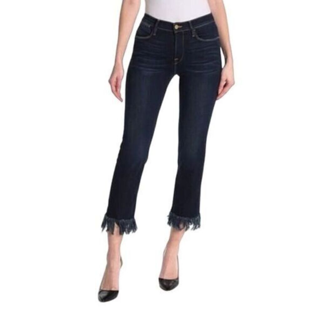 Frame Denim Le High Straight Fringe Hem Jeans in Pine Knoll Dark Wash